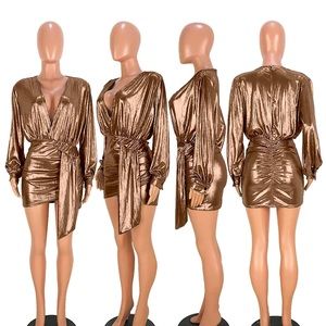 Deep V Neck Glitter Ruched Long Sleeve Party Dress